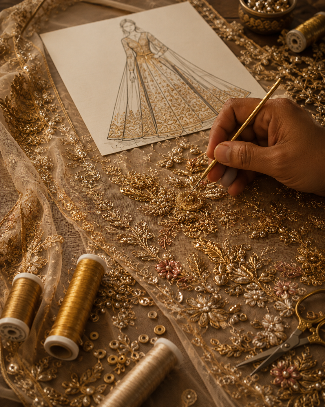 Hands doing intricate gold zardozi embroidery in the atelier